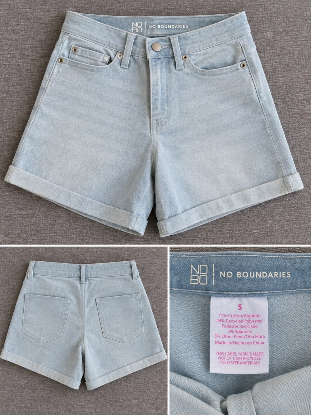 No Boundaries Pale Blue Denim Roll-Cuff Shorts